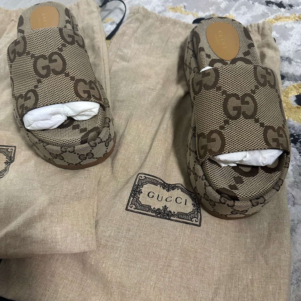 Gucci Brown GG Platform Slides